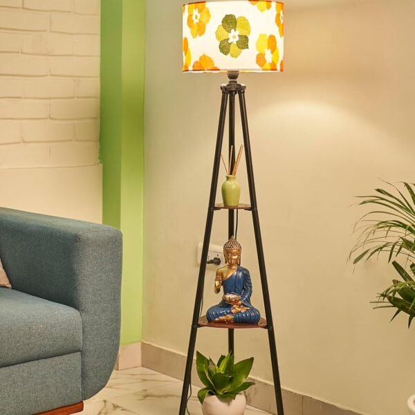 Crosscut Furniture Metal Floor Lamp with 3 Shelves (Fresh Flower) LED Bulb Included, Yellow