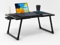 Cubiker Engineered Wood Multipurpose Foldable Laptop Table with Cup Holder | Table Home Study Writing Table, Foldable and Portable/Ergonomic Edges (Black - 60[L] X 40[W] X 24[H] Cm)