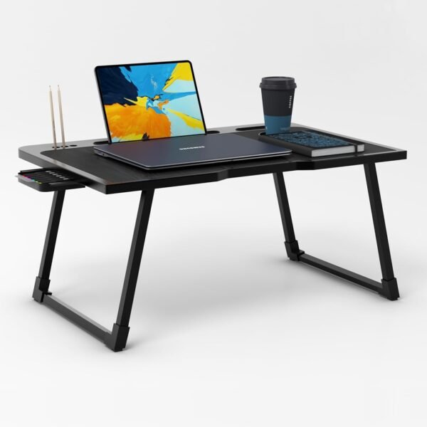 Cubiker Engineered Wood Multipurpose Foldable Laptop Table with Cup Holder | Table Home Study Writing Table, Foldable and Portable/Ergonomic Edges (Black - 60[L] X 40[W] X 24[H] Cm)