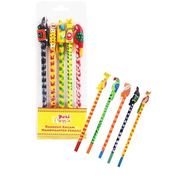 Desi Toys Handpainted Animal & Bird Design Pencils (Set of 5) Colorful Wooden Pencils for Kids, Children | School Stationery Supplies | Birthday Party Gifts | Eco-Friendly, Non-Toxic, Made in India