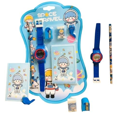 Dropping Price 7 Pcs Stationery Set Toy for Kids - School Supply Kit with Pencil, Eraser, Sharpener, Wrist Watch and Diary - Birthday Return Gift - Color and Design As Per Stock- Random Color