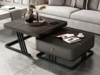 Ereteken ART Art Coffee Table Set of 2 Square Coffee Tables with Storage Drawers, Modern Black Ironwood Faux Marble Top
