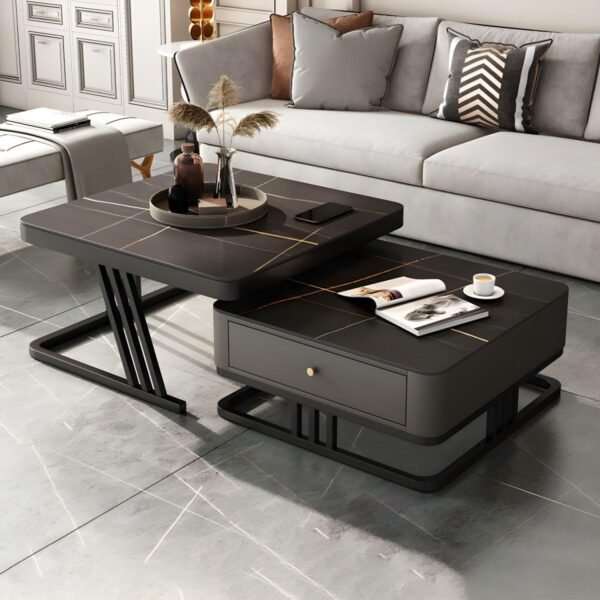 Ereteken ART Art Coffee Table Set of 2 Square Coffee Tables with Storage Drawers, Modern Black Ironwood Faux Marble Top