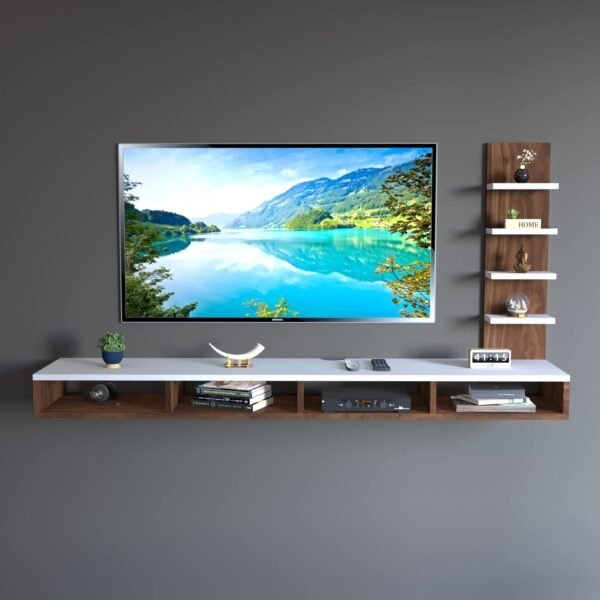 Furnifry Wooden TV Entertainment Unit/Wall Set Top Box Shelf Stand/TV Cabinet for Wall/Set Top Box Holder for Home/Living Room (55inch - White & Walnut)