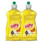 Giffy Liquid Dishwash Gel 500ml (Pack of 2) | Lemon and Active Salt | 50% More Effective | Tough Grease Removal Expert | Turbo Boosters | Mild fragrance | Removes Tough Malodour | Hand-Safe