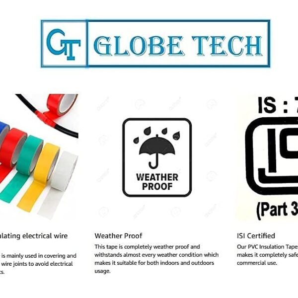 Globe Tech 0.130 mm X 18 mm 8 Meter Self Adhesive PVC Electrical Insulation Tape-Colored Pack of 10 Pieces (Random Color)
