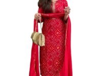 GoSriKi Women's Rayon Viscose Straight Bandhej Printed Kurta with Pant & Dupatta
