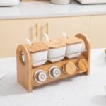 HOKIPO Ceramic Condiment Jars Set Of 7 Seasoning Bowls With Bamboo Stand (Ar-4774), White