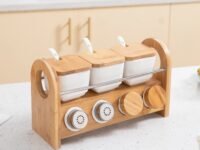 HOKIPO Ceramic Condiment Jars Set Of 7 Seasoning Bowls With Bamboo Stand (Ar-4774), White