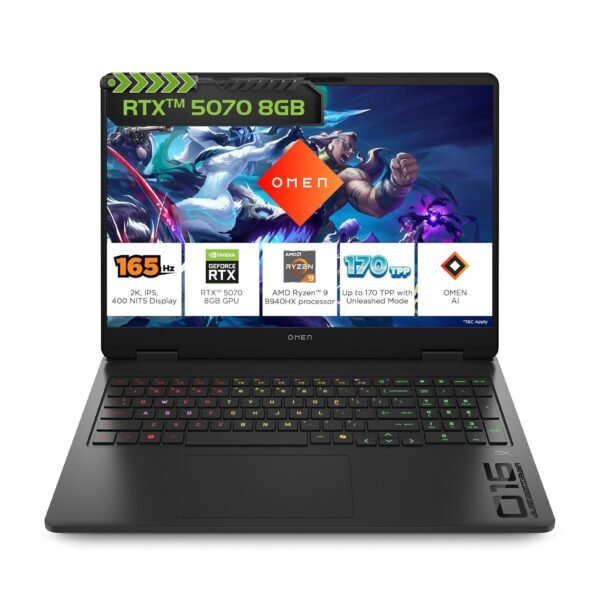 HP Omen, AMD Ryzen 9 8940HX, 8GB RTX 5070, 24GB DDR5(Upgradeable) 1TB SSD, 165Hz, 2k WUXGA, 3ms, 400 nits, 16''/40.6cm, Win11, M365* Office24, Black, 2.44kg, ap0182AX, RGB, AI Gaming Laptop
