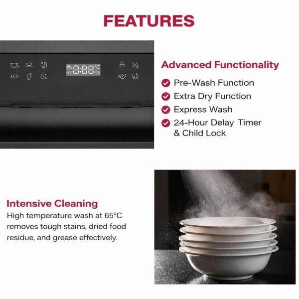 Hafele Aqua Noir Dishwasher | 13 Place Settings | Compact, Space-Saving Design | Ideal for Indian Utensils – Kadhai, Cooker, Glassware | Durable Build & Premium Finish