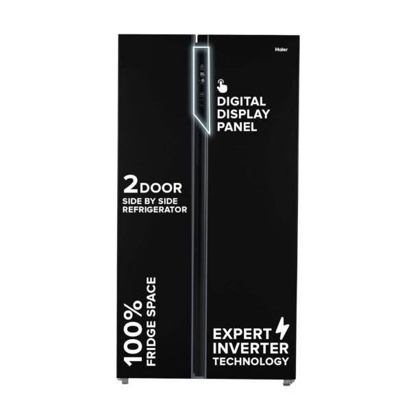 Haier 602L 3Star 2 Door Side by Side Frost Free Refrigerator|100% Convertible|Expert Inverter Technology|Digital Display Panel|Triple Twist Ice Maker|Deo Fresh Technology (HRS-682KS, Black Steel)