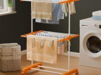 Happer Premium Clothes Stand for Drying with Wheels | Portable | 2 Layer Rack for Balcony | Foldable Wings | 14 Hanger Rods | Anti Rust Steel Metal (Orange | Compact Jumbo)