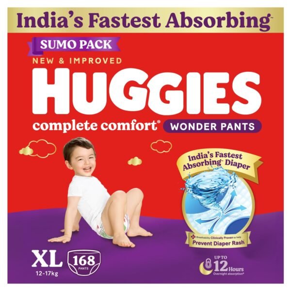 Huggies Complete Comfort Wonder Pants | Pant Style Baby Diapers Extra Large Size (XL), 168 Count | India's Fastest Absorbing Diaper, Prevents Diaper Rash, Ideal for 12 to 17 Kgs (56 Count, Pack of 2)