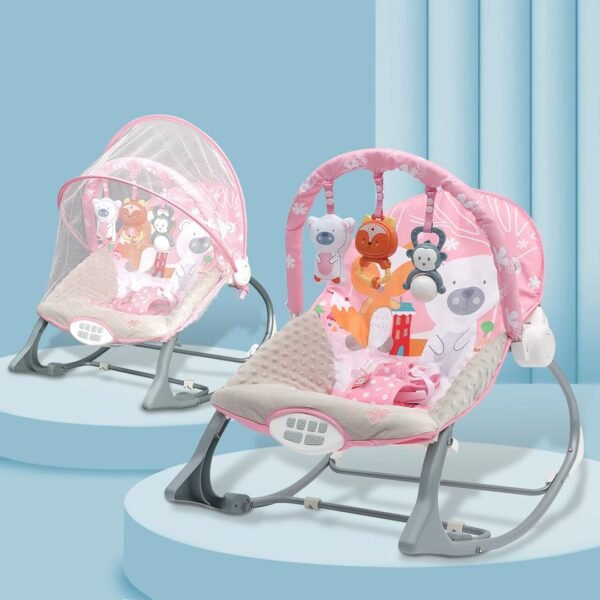 INFANTSO Baby Rocker & Bouncer for 0 to 2 Years (Pink), Portable Rocker for Newborn with Mosquito Net, Calming Vibrations, Soft Music & 3 Hanging Toys, 5-Point Safety Harness