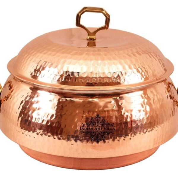 Indian Art Villa Steel Copper Big Casserole with Lid 2300 ML - Serving Indian Food Dishes Home Hotel Restaurant Tableware