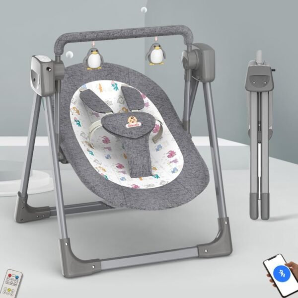 Infantso Automatic Baby Swing with 5 Point Safety Harness, Adjustable Swing for Baby 0-2 Years with Bluetooth & Remote Control, 5-Speeds, Mosquito Net, Soothing Music, Free Cushion (Grey)