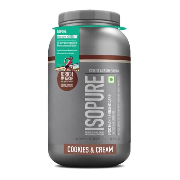 Isopure Whey Protein Isolate Powder with less than 1.5gm of Carbs and Vitamins for Immune Support - 1 kg Cookies & Cream, Vegetarian protein for Men & Women. Offer Pack