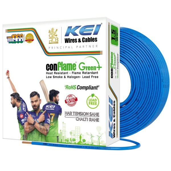 KEI CONFLAME GREEN PLUS 1.5 sqmm 1 Core Copper Heat Resistant Flame Retardant Low Smoke & Halogen - Lead Free House Wire for Domestic & Industrial Electrical Wiring (Blue, 90 Meters)