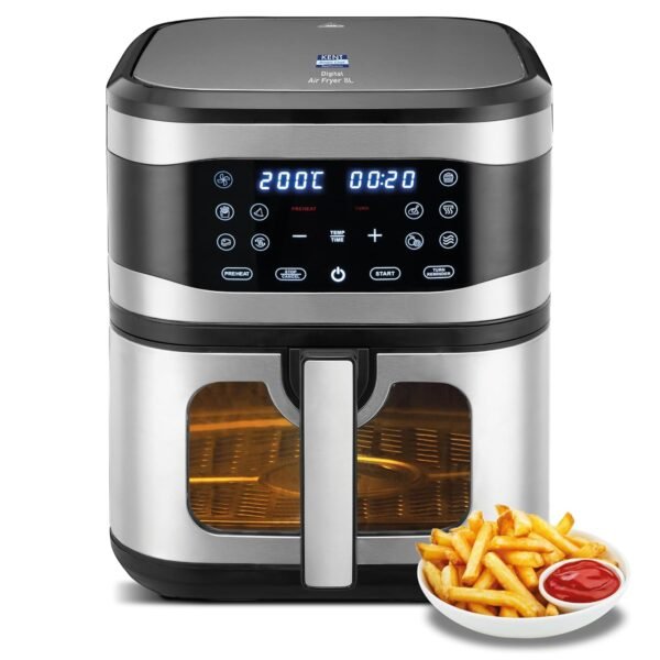 KENT Digital Air Fryer 8L | 1700W | Bake, Grill & Roast | Up to 80% Less Oil Usage | 7 Preset Menu | Digital Display & Touch Control Panel | Glass Window with in built Light | Auto Cut-Off Silver
