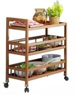 Ketumal 3-Tier Bamboo Serving Trolley - Wooden Rolling Cart with Multi-Layer Storage Shelves (82H x 50W x 30L cm)