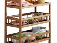 Ketumal 3-Tier Bamboo Serving Trolley - Wooden Rolling Cart with Multi-Layer Storage Shelves (82H x 50W x 30L cm)