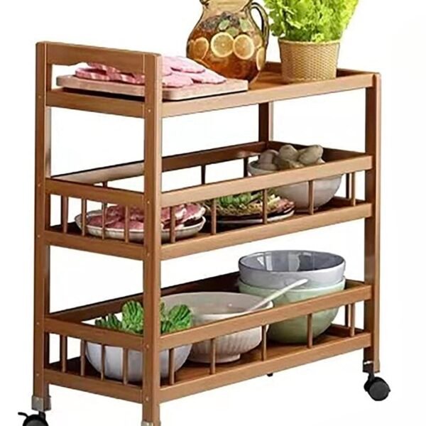 Ketumal 3-Tier Bamboo Serving Trolley - Wooden Rolling Cart with Multi-Layer Storage Shelves (82H x 50W x 30L cm)