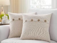 Khooti Decorative Jute Square Cushion Cover with Buttons Throw Pillow Cover Boho Design for Living Room Couch Diwan Sofa, Modern 18 x 18 Inches / 45 x 45 cm (Color - Light Linen)(Set of 2 Pieces)