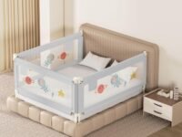 Kids Station Baby Bed Rail Guard for Kid Safety (6.6ft x 6ft), 200cm x 180cm, H-2'6 Or 80Cm, Adjustable Height, Foldable Safeguard for King Size Bed (6'6 X 6'0, 3 Side, Grey, with Pocket)