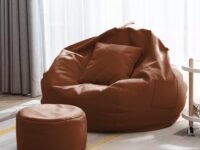 Kitepro 4XL Bean Bag with Footstool & Cushion Ready to Use | Faux Leather Bean Bag Filled with Beans (Tan, XXXXL)
