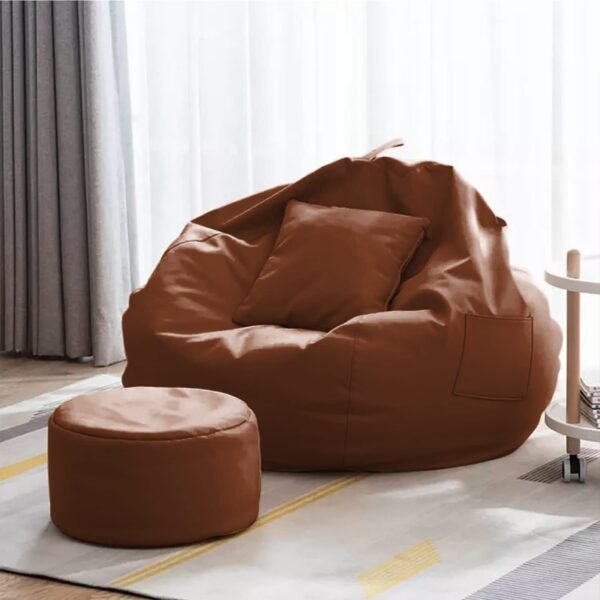Kitepro 4XL Bean Bag with Footstool & Cushion Ready to Use | Faux Leather Bean Bag Filled with Beans (Tan, XXXXL)