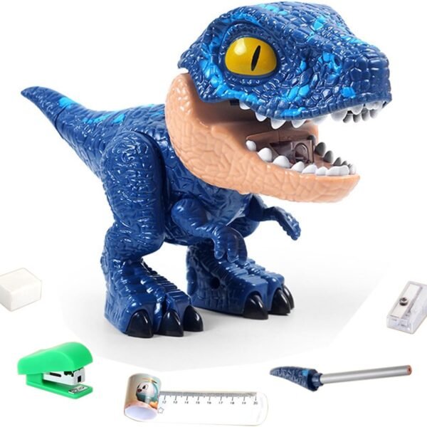 KolorFish 5 in 1 Stationery Set,Dinosaur-Themed Stationery Funny Toy for Kids,Student Storage Eraser Ruler Pencil Sharpener Staple for Boys and Girls (Blue)