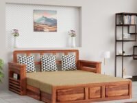 Krishna Wood Decor Solid Sheesham Wood Convertible 3 Seater Sofa Cum Bed with Headboard and Storge Armrest, Folding Double Bed for Home Living Guest and Office Areas, Brown