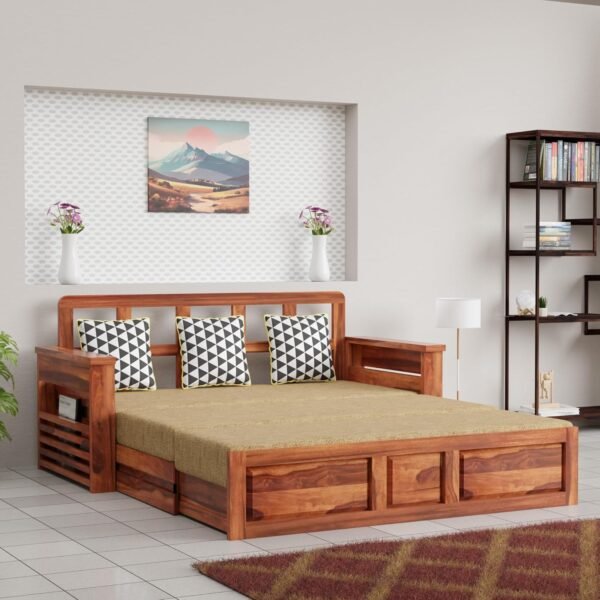 Krishna Wood Decor Solid Sheesham Wood Convertible 3 Seater Sofa Cum Bed with Headboard and Storge Armrest, Folding Double Bed for Home Living Guest and Office Areas, Brown