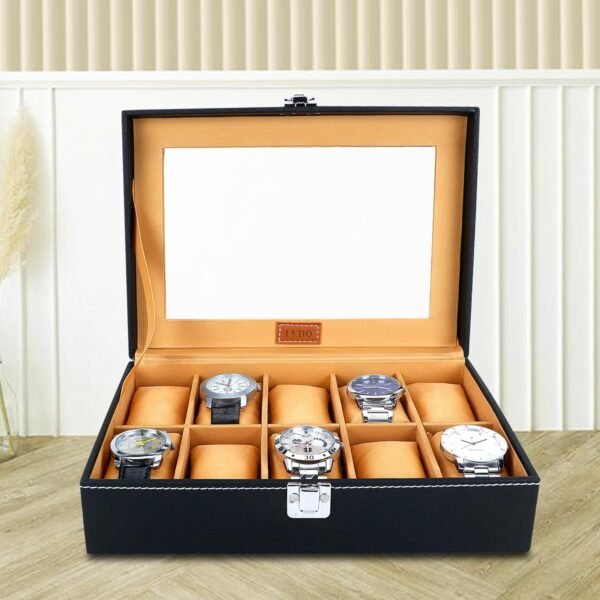 LEDO Faux Leather Men's and Women's Watch Box Organizer Case In 10 Slots of watches In Black color (BlackandCream)