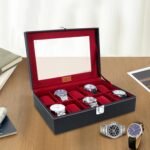 LEDO Leather Men's and Women's Watch Box Organizer Case In 10 Slots of watches In Black color (BlackandCherry)