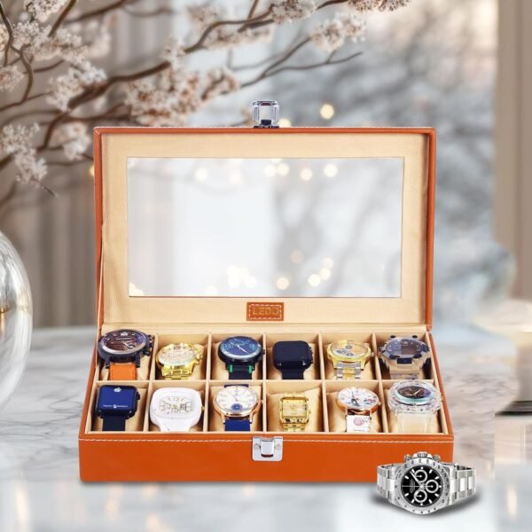 LEDO Watch Box Organizer Display Case Holder in 12 slots of Watches with Transparent Look Cream Velvet Interior