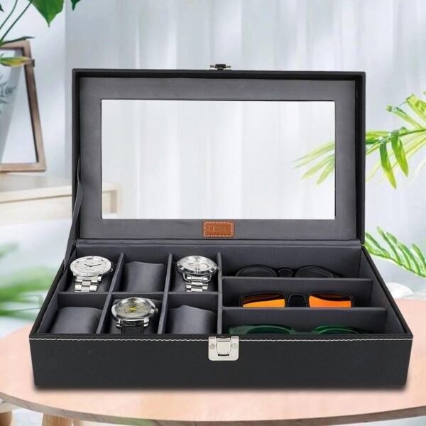 LEDO Watch Case Box and Sunglass Box Holder in PU Leather with 6 Slots for Watches and 3 Slots for Sunglasses Balck & Gray color