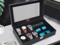 LEDO Watch and Sunglasses Storage Box Organizer Holder Case, 6 Watch Slots and 3 Sunglass Compartments, Black PU Leather Display Case with Transparent Display