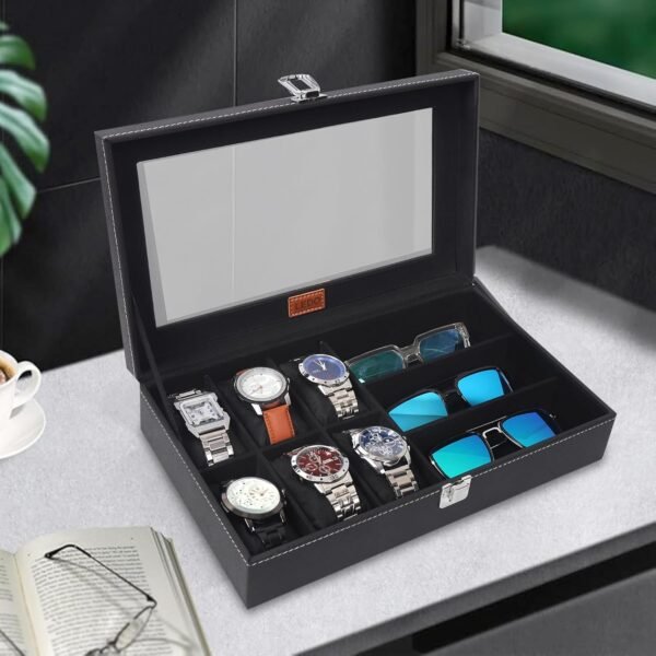 LEDO Watch and Sunglasses Storage Box Organizer Holder Case, 6 Watch Slots and 3 Sunglass Compartments, Black PU Leather Display Case with Transparent Display