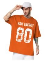 LEOTUDE Men Half Sleeve Round Neck Graphic Font Printed Cottonblend Oversized Tshirts (Colour: Orange)