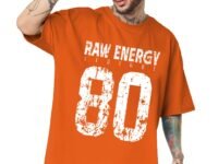 LEOTUDE Men Half Sleeve Round Neck Graphic Font Printed Cottonblend Oversized Tshirts (Colour: Orange)