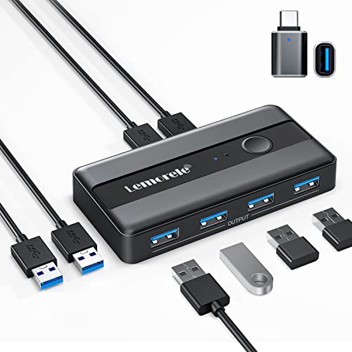 Lemorele USB 3.0 Sharing Switch, 2 Computers Share 4 USB Ports Peripheral Adapter for PC, Printer, Scanner, Mouse, Keyboard - One-Click Switch with 2 USB-A Cables Included