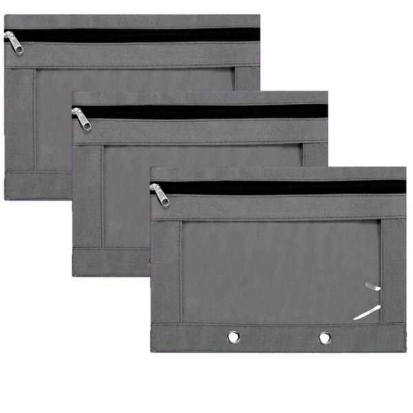 Lify 2 Rings Binder Pencil Pouch, Zipper Pencil Pouches,Canvas Fabric Pencil Pouches, Zippered Pencil Cases with Clear Window for Office School Supplies, 3 Pack (Grey 3Pcs)