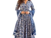 MEERA FAB Women's Cotton Printed Anarkali Kurta with Palazzo & Dupatta Set
