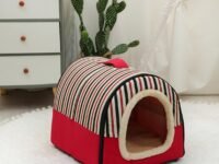 M&F ECOM Foldable Igloo Pet House for Small Size Dog Cat Rabbit and Rat | 2-Way Usable Washable, Portable Polycotton Bed with Extra Pillow Mat | Safe & Hygienic Pet Shelter for All Pets (S,RED STRIPS)