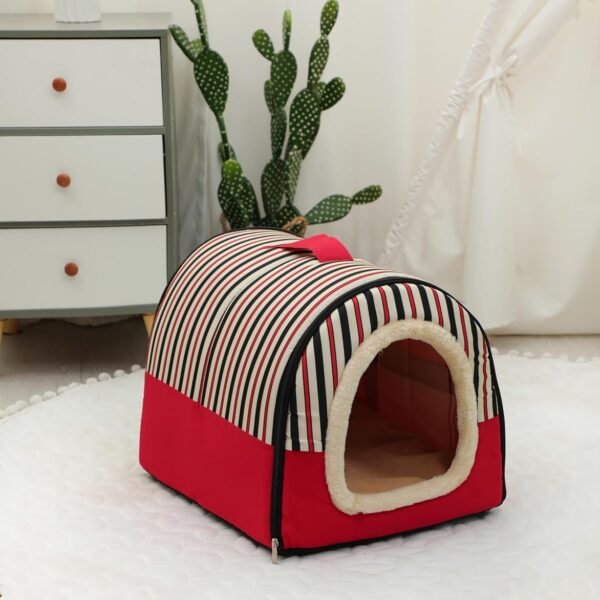 M&F ECOM Foldable Igloo Pet House for Small Size Dog Cat Rabbit and Rat | 2-Way Usable Washable, Portable Polycotton Bed with Extra Pillow Mat | Safe & Hygienic Pet Shelter for All Pets (S,RED STRIPS)
