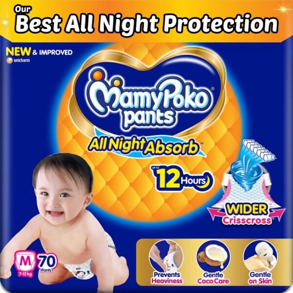 Mamypoko pants All night absorb| Pant Style Baby Diapers Medium Size(M), 70 Count, Ideal for 7-12Kgs|1 Diaper= Upto All night Absorption|Wider Crisscross Sheet|Gentle Coco Care| 12hr Leakage Protection| Prevents Heaviness.