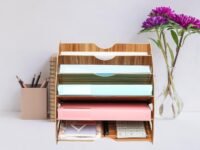 Marrone Fan Shaped File Sorter Organizer 6 Slots Desktop File Storage Rack Wooden Mail Letter Document Magazine Holder Folder for Office School Home (Round Stand)