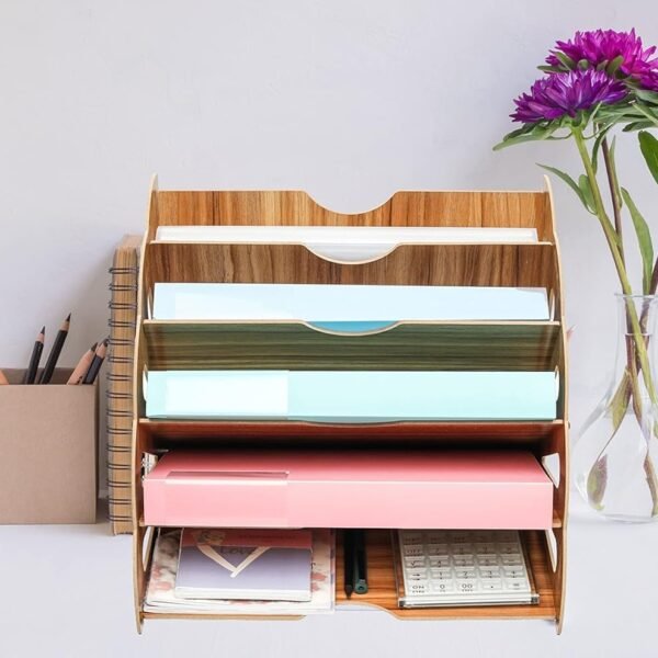 Marrone Fan Shaped File Sorter Organizer 6 Slots Desktop File Storage Rack Wooden Mail Letter Document Magazine Holder Folder for Office School Home (Round Stand)